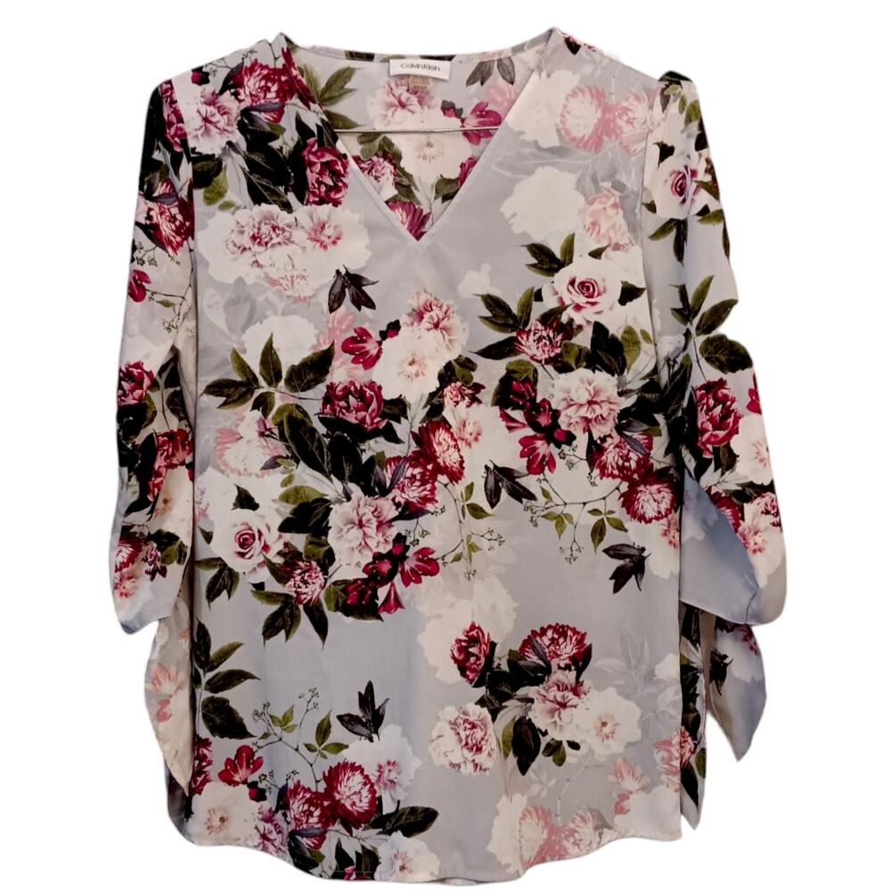 CALVIN KLEIN V-Neck Blouse Top Small Romantic Feminine Floral Cottagecore Roses - Picture 7 of 7